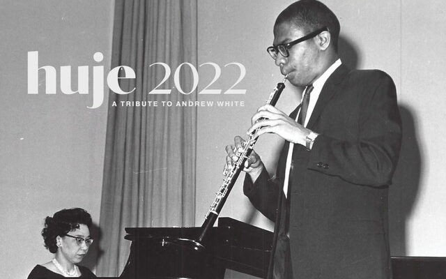 A black and white photo of saxophonist Andrew White and pianist Constance Hobson, in performance